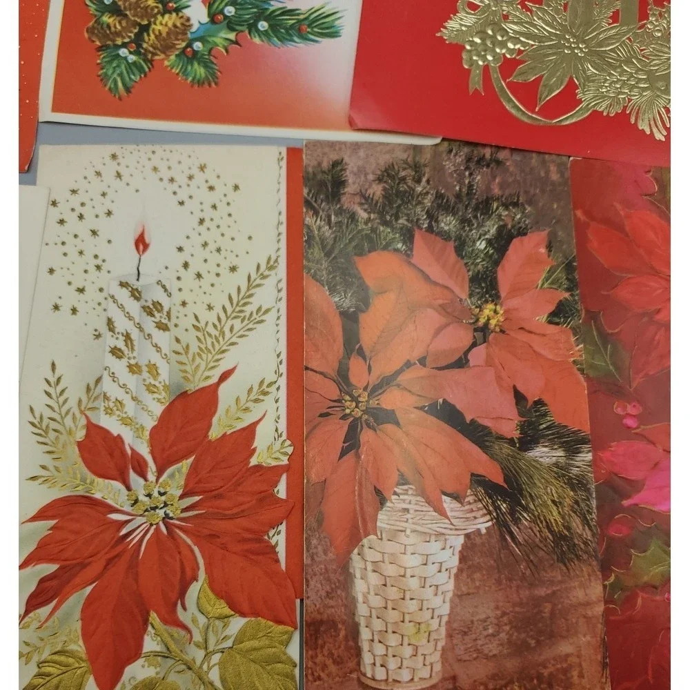 13 Old Vintage Used Greeting Card Fronts Crafts Poinsetta Candle Evergreen Holly